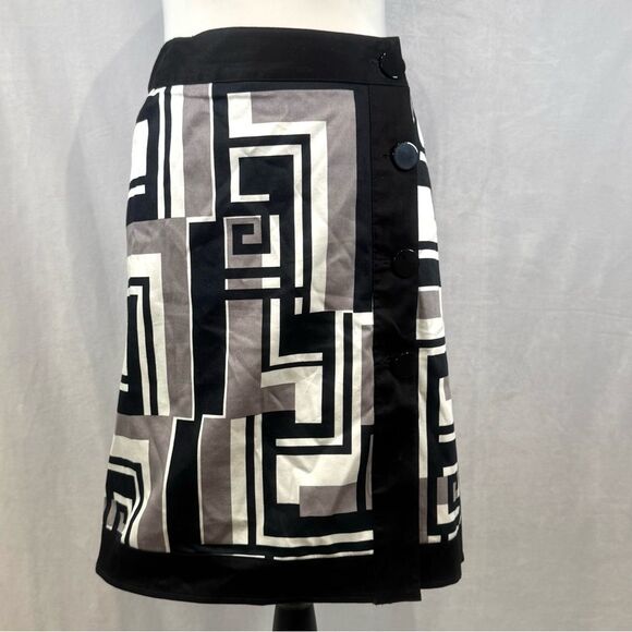 Courtenay black navy white and gray geo print button wrap cotton skirt size 14 - Picture 1 of 6